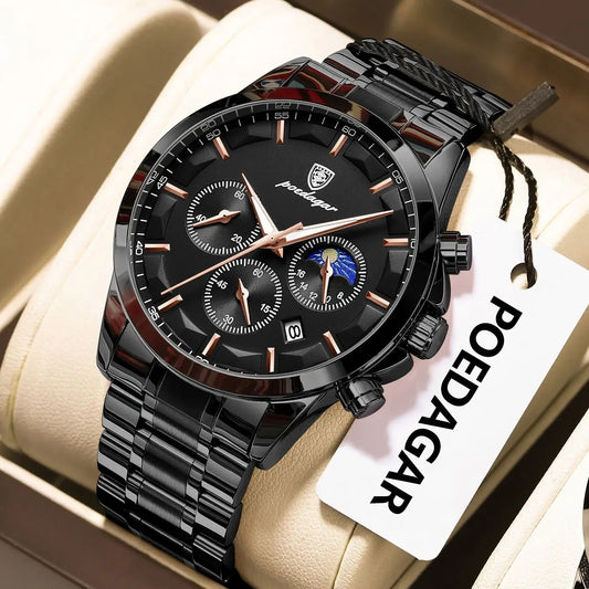 POEDAGAR Royal – Montre Chronographe Sport & Business en Acier Brossé